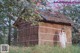 A woman standing in front of a small wooden building.