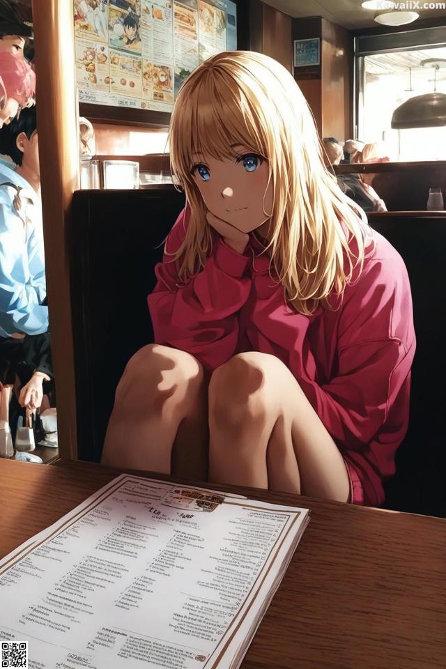 A woman sitting at a table in a restaurant.